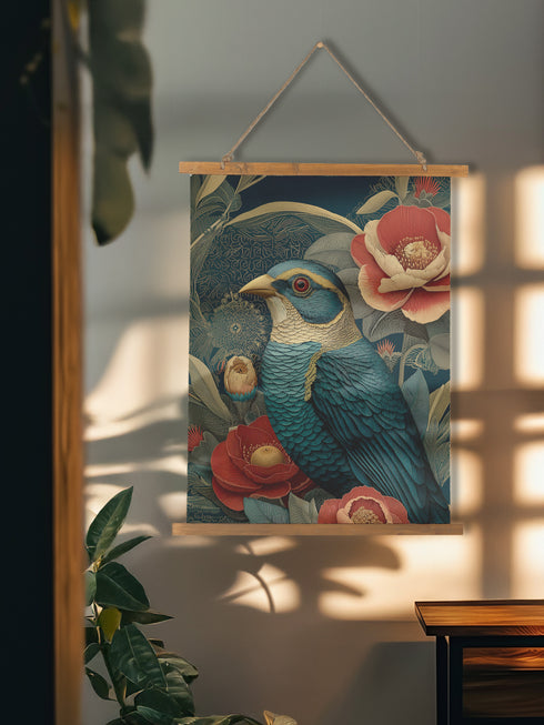 Elegant Victorian-style bird wall tapestry featuring detailed blue songbird surrounded by vintage coral peonies and classical botanical foliage in ornate vintage illustration style, measuring 26 inches wide by 36 inches long, made from silky polyester fabric with advanced 3D printing technology that mimics embroidery texture, complete with beautiful stained wooden frame and natural twine hanging system for easy wall mounting, perfect for vintage-inspired living rooms, bedrooms, or classic home decor